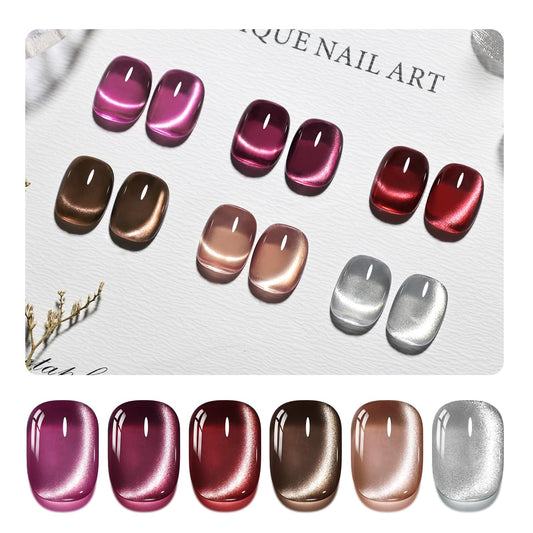 JODSONE 10ml Cat Eye Gel Nail Polish Set Purple Red Sliver Collection 6 Colors for Holographic Glitter Cat Eye with Magnet at Home DIY Design Gift for Girls | alldaygood beauty