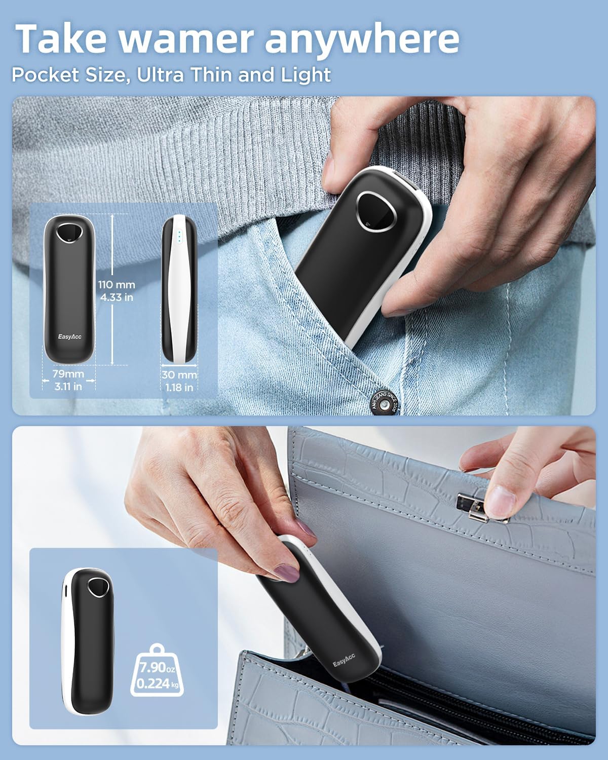 EasyAcc® Pocket Size Hand Warmers Rechargeable, Golf Hunting Hand Warmers, Real 16 Hrs Warmth, Heat Up to 131℉, UL Certified, Gloves Fitting, Golf Raynauds Skiing Essentials, Gifts Women Men