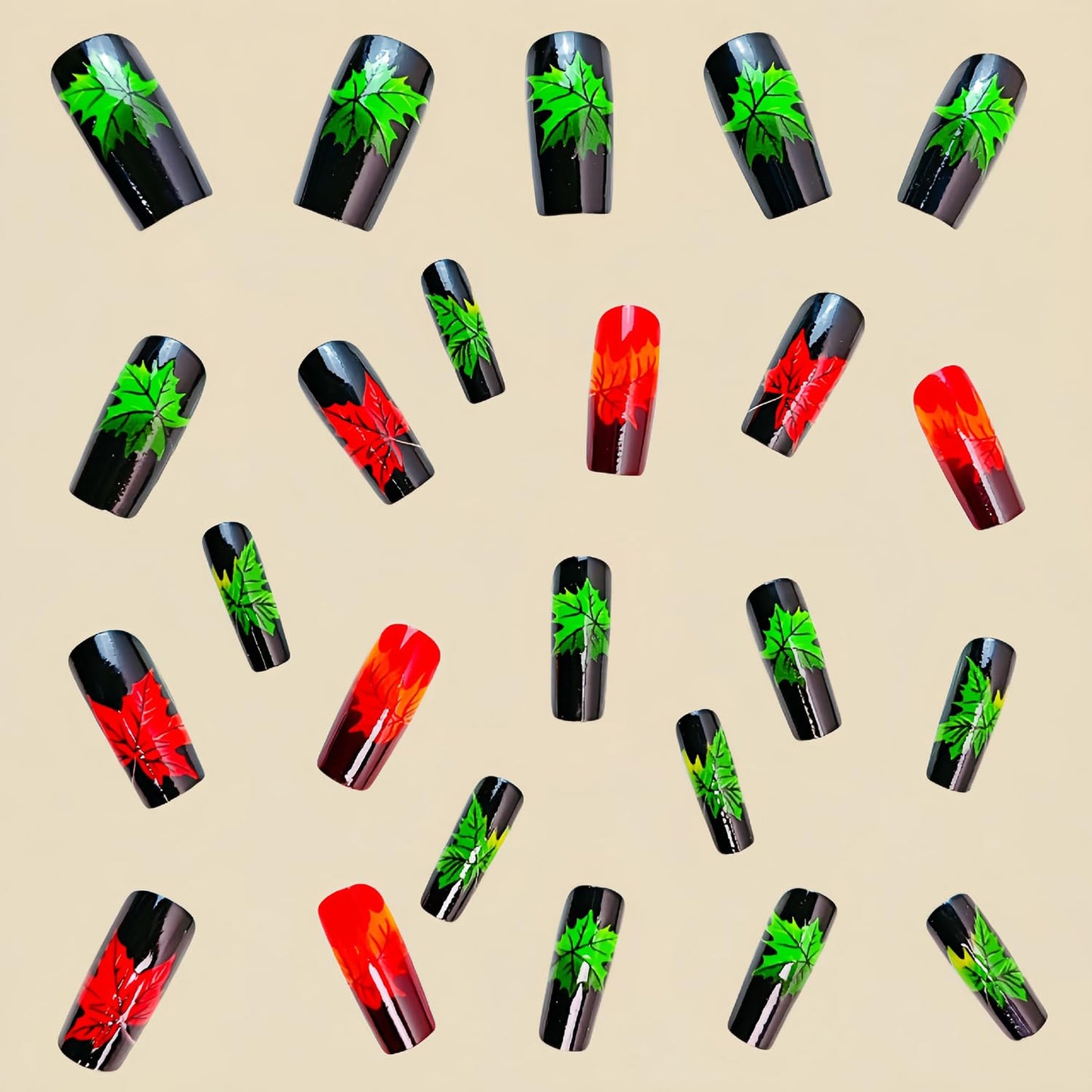 Fall Press on Nails Long Square Thanksgiving Fake Nails for Women Colorful Maple Leaf Acrylic Glue on Nail Autumn Maple Leaves Glossy Artificial Stick on Nail