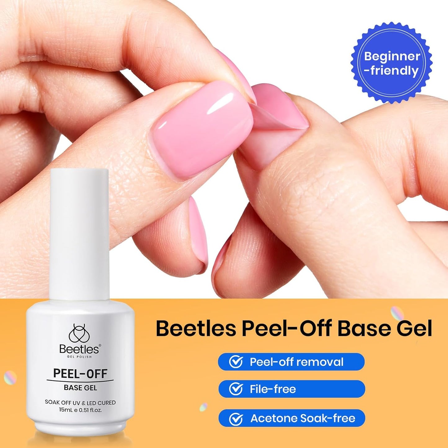 Beetles Peel Off Gel Base Coat for Gel Nail Polish: 15ml Peel Off Base Coat, Soak Off-Free Easy Removal without Damage, Long Lasting for Beginners DIY Manicure Weak Thin Nails