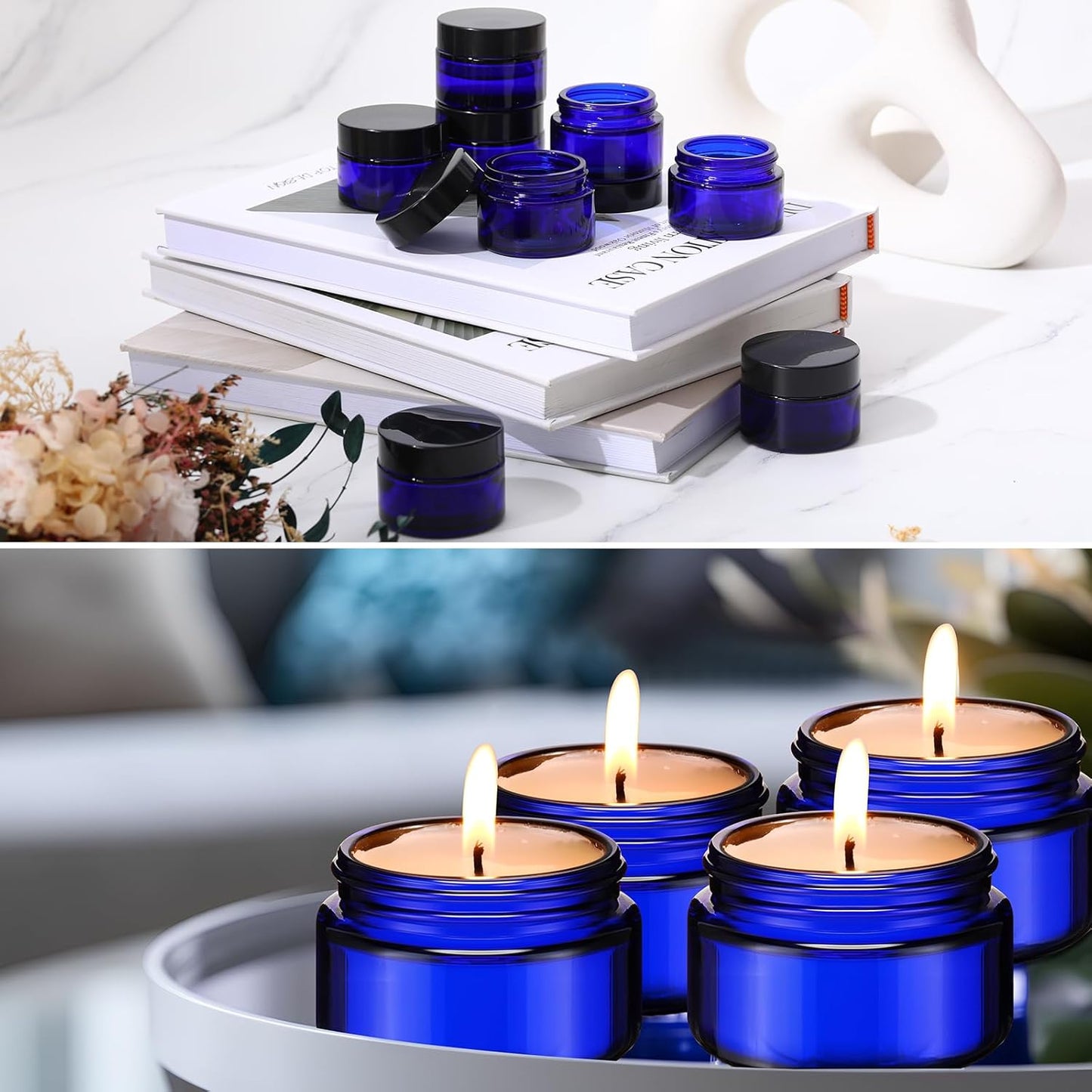 Domensi 100 Pcs 1 oz Glass Jars with Lids Bulk Round Glass Cosmetic Jars Lids 1 oz Small Travel Containers with Inner Liner for Lotions Powders Ointments Sample Cream(Cobalt Blue, Black)