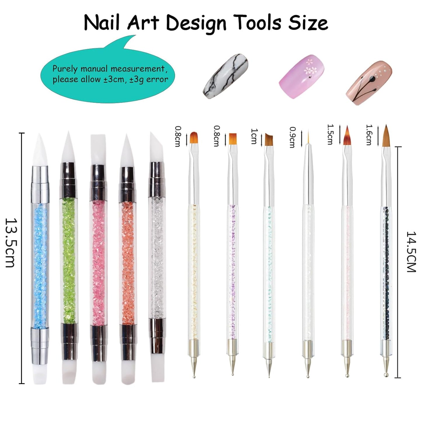 11Pcs Nail Art Brush Set, Dual Tipped Silicone Nail Tools, Nail Art Sculpture Pen, Crystal Handle Liner Brushes, Acrylic & Gel Nail Brush, Dotting Pens for Home and Professional Nail Salon