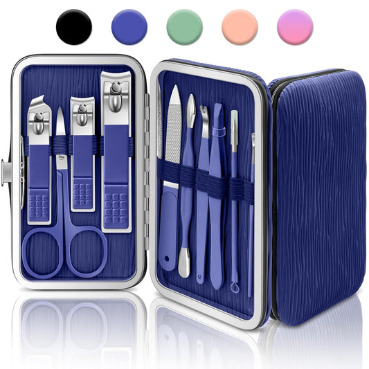 BLESWIN Manicure Set, 10 in 1 Professional Manicure and Pedicure Kit, Nail Care Kit for Women, Mens Nail Grooming Kit, Portable Nail Clipper Set Blue Leather Case for Travel Home | alldaygood beauty