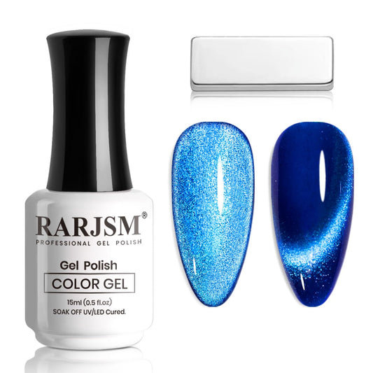 RARJSM Magnetic Cat Eye Gel Nail Polish Blue Silver Glitter 15ml 9D Cateye Galaxy Universal Shimmer Velvet Ice Gel Polish Single Bottle with Magnet Stick UV LED Curing Require Soak Off Home Salon | alldaygood beauty