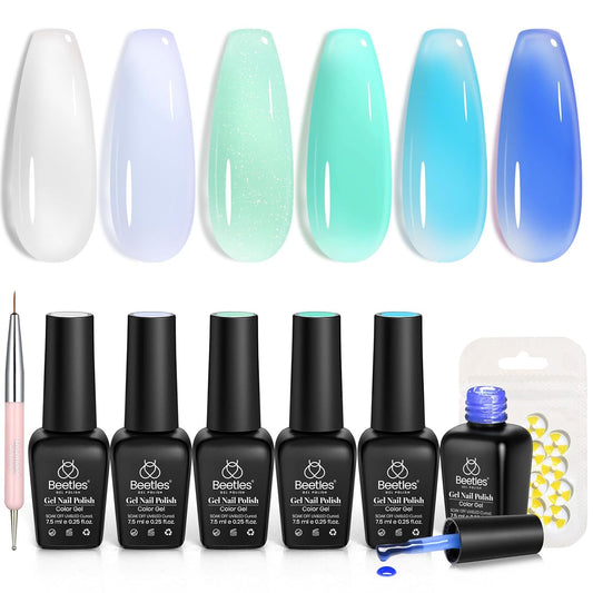 Beetles Jelly Gel Nail Polish Set, 6 Summer Colors Milky White Blue Green Turquoise Shimmer Translucent Sheer Color Gel Polish Kit Soak off Uv Nail Concealer Bubble Splash Series Gift for Women | alldaygood beauty