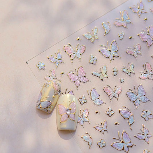 Colorful Butterfly Nail Art Stickers Glitter Sparkly Butterfly Nail Stickers 5D Embossed Nail Decals Accessories Gold Edge Metal Butterfly Nail Art Supplies for Women DIY Decorations | alldaygood beauty