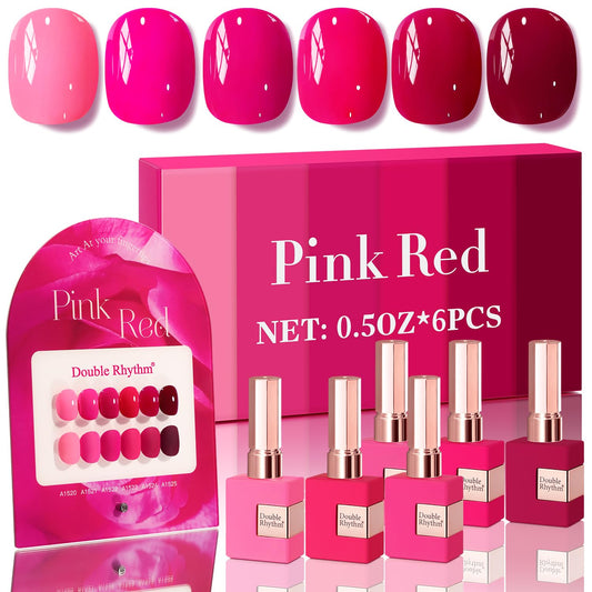 Double Rhythm 6 Pcs 15 ML Gel Polish Set Same Color Same Bottle Soak Off Gel Polish Kit Nail Art Manicure Salon DIY at Home for Women (Neon Light Pink Purple Burgundy Red-T6-8) | alldaygood beauty