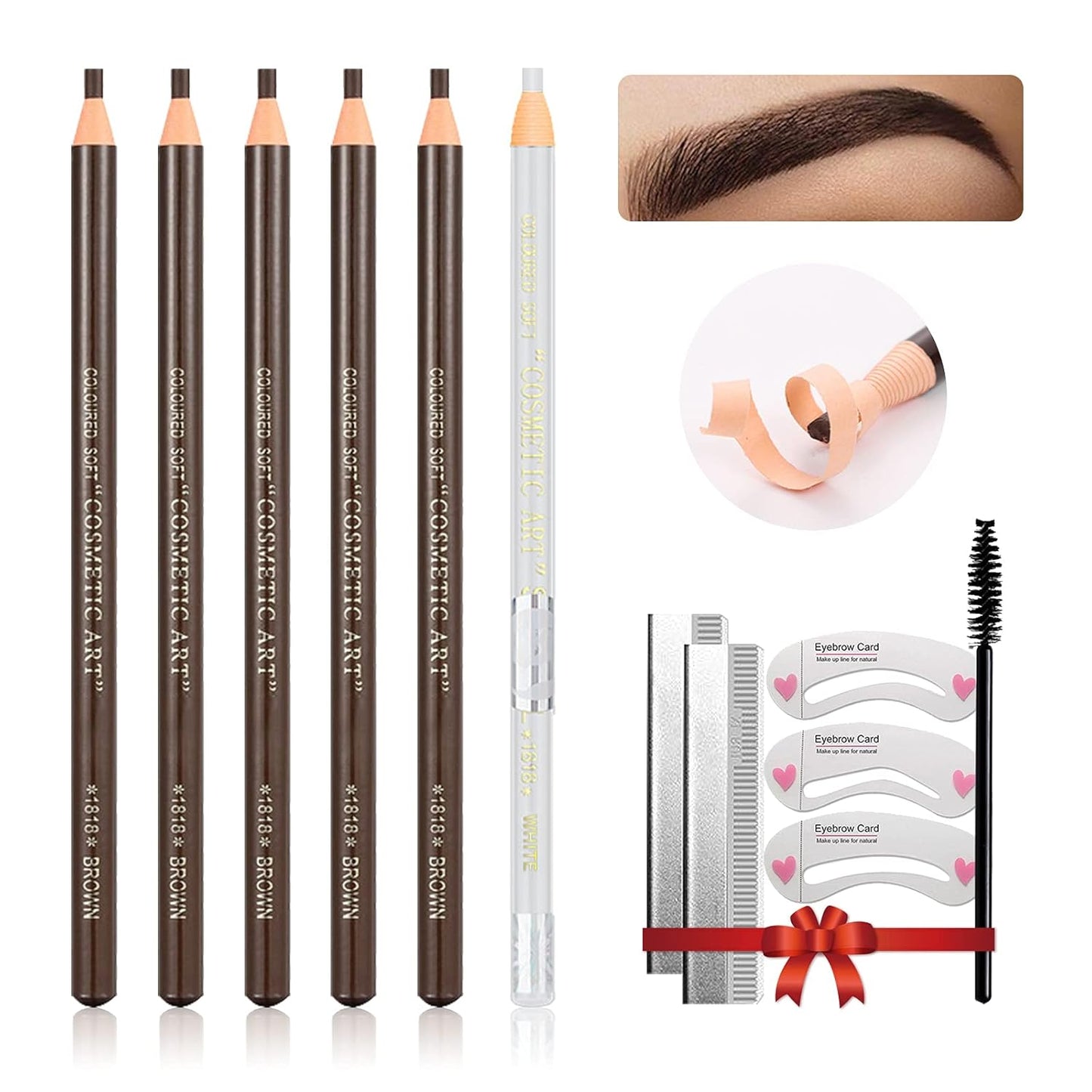 Waterproof Eye-Brow Pen-cil Set, Pull Cord Peel-off Eyebrow Pencil Microblading Pen Supplies Kit, White Eye-Liner Pencil and Eyebrows Tool Tattoo Makeup For Marking (5+1 Dark Brown)