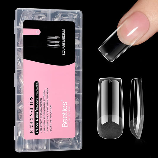 Beetles Nail Tips Medium Square 576Pcs 12 Sizes - Pre-Etched Soft Acrylic Nail Tips Half Matte False Nails Nail Art Full Cover Press Ons Nail Extensions Gift Set Home DIY Nail Salon | alldaygood beauty
