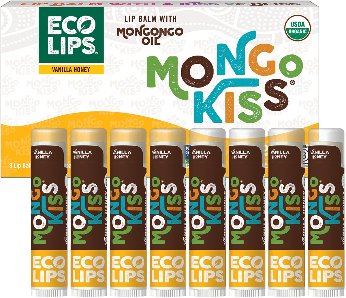 Mongo Kiss USDA Organic Lip Balm Set 8-pack (0.15 oz. each) with Mongongo Oil & Cocoa Butter to Moisturize Chapped Lips | Made in USA by Eco Lips - Honey Vanilla