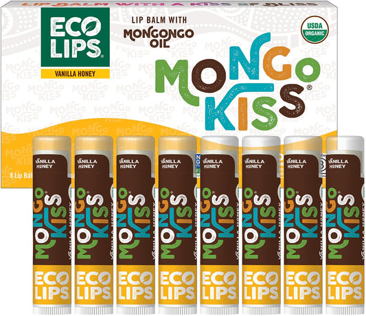 Mongo Kiss USDA Organic Lip Balm Set 8-pack (0.15 oz. each) with Mongongo Oil & Cocoa Butter to Moisturize Chapped Lips | Made in USA by Eco Lips - Honey Vanilla