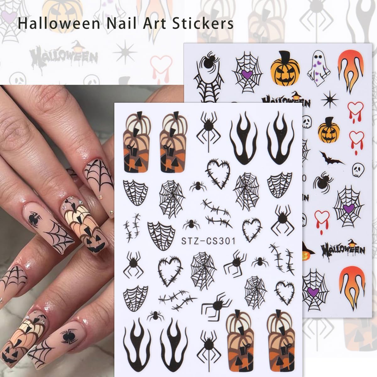 Halloween Nail Art Stickers - 9 Sheets 3D Self-Adhesive Design Decals With Ghost, Pumpkin, Spider, Bat, Black Gold Silver Web - DIY Nail Decoration for Women