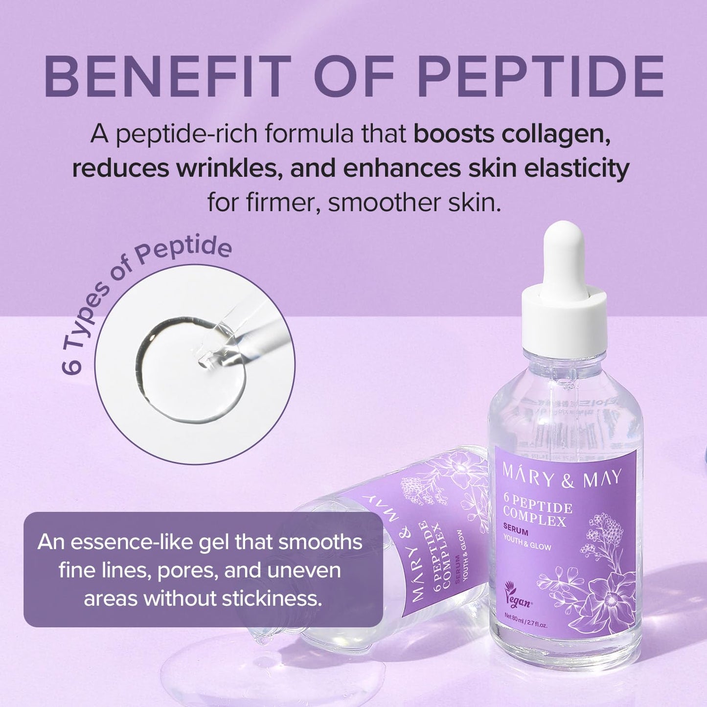 Mary&May 6 Peptide Complex Serum - Korean Anti-Aging Face Treatment for Wrinkle Reduction, Skin Firmness & Hydration, EWG Verified, Fragrance Free, 2.71 fl.oz.