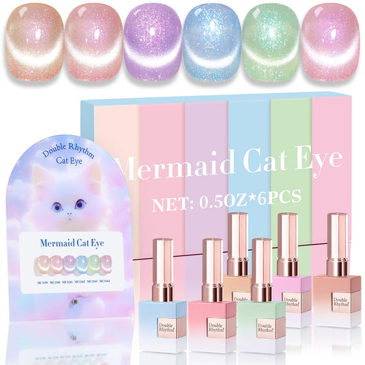 Double Rhythm Cat Eye Gel Nail Polish Set of 6 Same Color Same Bottle 0.5 Oz Shimmer Glitter with Magnet Holographic Reflective Magnetic UV Nail Polish Kit at Home (Nude Pink Green Purple-T6-29) | alldaygood beauty