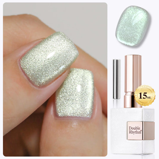 Double Rhythm 15ML Cat Eye Gel Polish with Magnet Holographic Glitter Shimmer Translucent Sheer Color Salon Ice Glass Magnetic Gel at Home (Green-MC1141) | alldaygood beauty