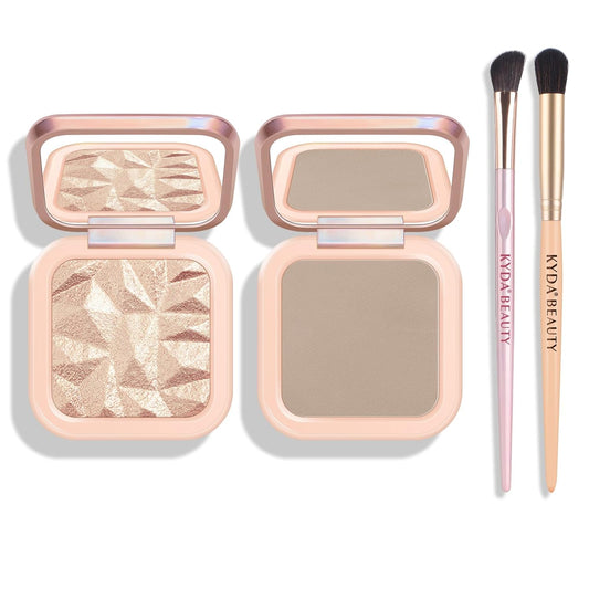 KYDA Highlighter Contour Palette Kit, Glossy Face Illuminator & Natural Matte Contour Bronzer, Lasting Glow Face Sculpting Contouring Makeup, Blendable Formula, Sun Glow & Taupe