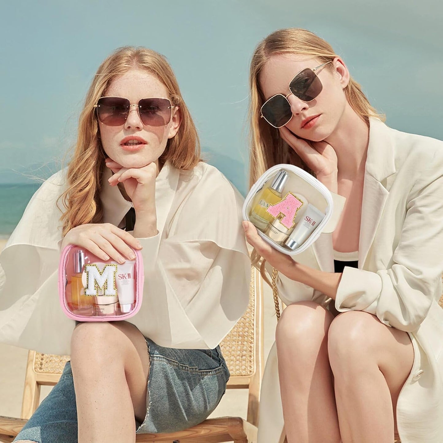 YOOLIFE Initial Make Up Bag Travel Toiletry Bag, Clear Makeup Bag Preppy Cosmetic Bags Organizer Travel Essentials Gifts for Women Teen Girlfriend Teacher Mom Birthday Mothers Day Gifts White S