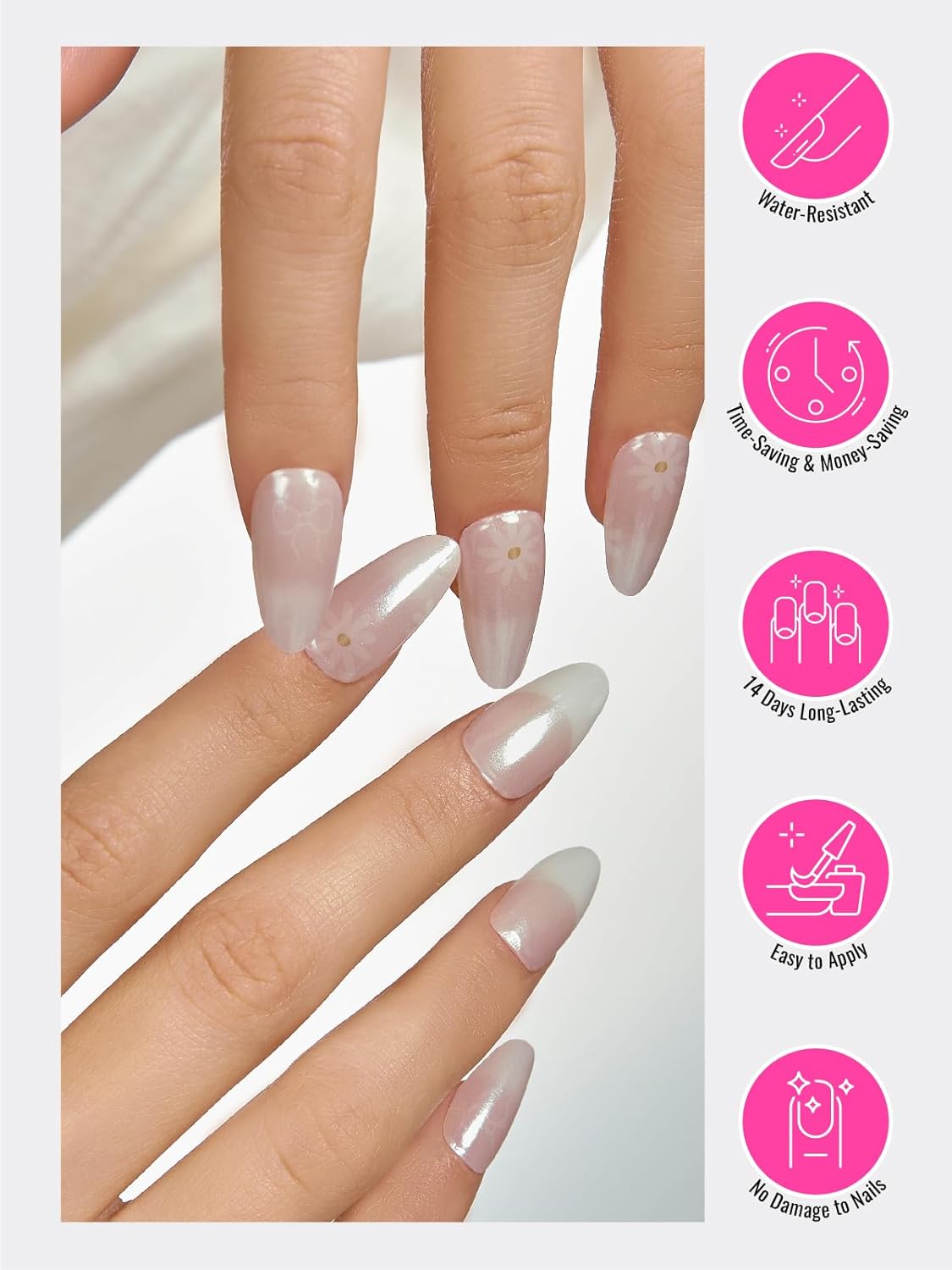 Semi Cured Gel Nail Strips, 30 pcs Stikers, Wraps, Salon-Quality, Easy to Apply, 2 Weeks Long Lasting (Daisy Delight)