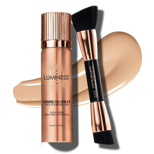 LUMINESS Silk Airbrush Spray Foundation & Buffing Brush Kit – Full Coverage Foundation & Dual-Sided Buffing Brush - Buildable Coverage, Anti-Aging Formula Hydrates & Moisturizes (Shade - Fair) | alldaygood beauty