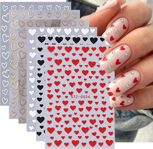 6PCS Valentine's Day Heart Nail Stickers - Love Art Supplies, 3D Self-Adhesive Decals, Black Red White Gold Design DIY Manicure Decor for Women | alldaygood beauty