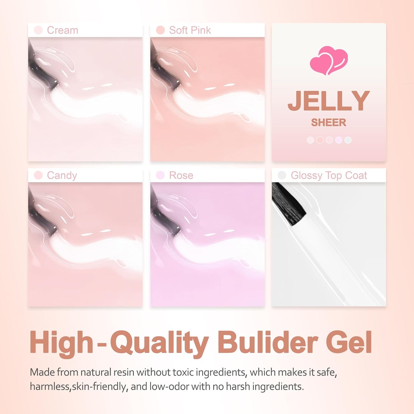 Rubber Base Builder Gel Strengthener Kit, With No Wipe Top Coat UV LED Curing, Hema Free, Vegan, Shinning Nude Pink Soak Off Gel Nail Polish for Nail Repair 6pcs X 5ml