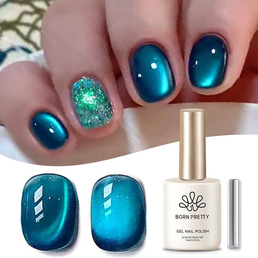 Born Pretty Cat Magnetic Gel Nail Polish, Sea Blue Crystal Cat, Holographic Magnetic Nail Art Manicure Salon DIY at Home 15ML | alldaygood beauty