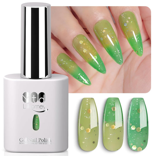 YTD Likomey Color Changing Gel Nail Polish,15ml Grass Green To Bright Green Shimmer Glitter Mood Temperature UV Gel,Fall Winter Yellow Thermal Ombre UV Color Nail Varnish,HEMA Free WB432 | alldaygood beauty