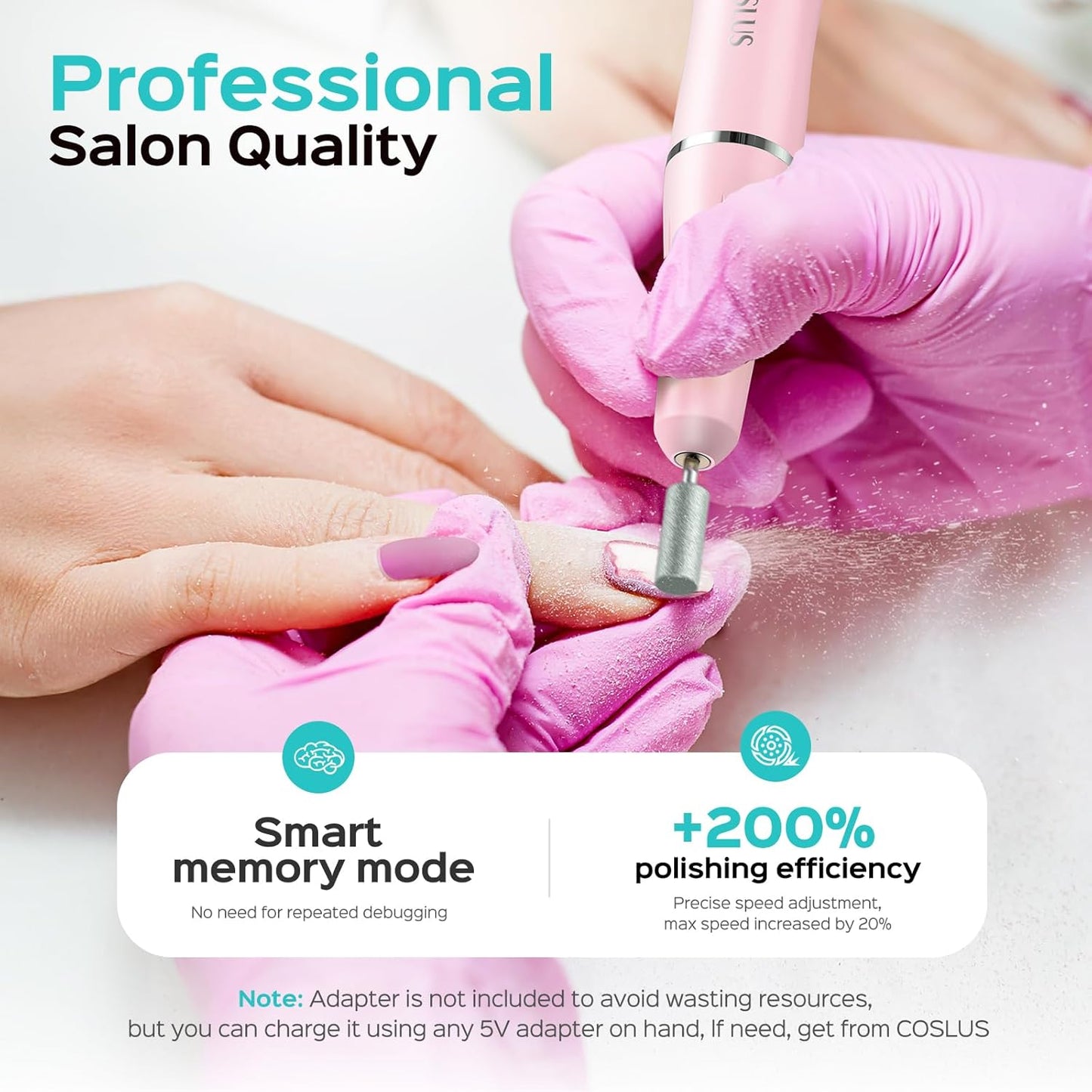 COSLUS Cordless Electric Nail Drill File: Nail Drill Machine with Stepless Speed Knob for Acrylic Gel Dip Powder Polish, Professional Portable Manicure Pedicure Rechargeable for Home Salon Use Pink