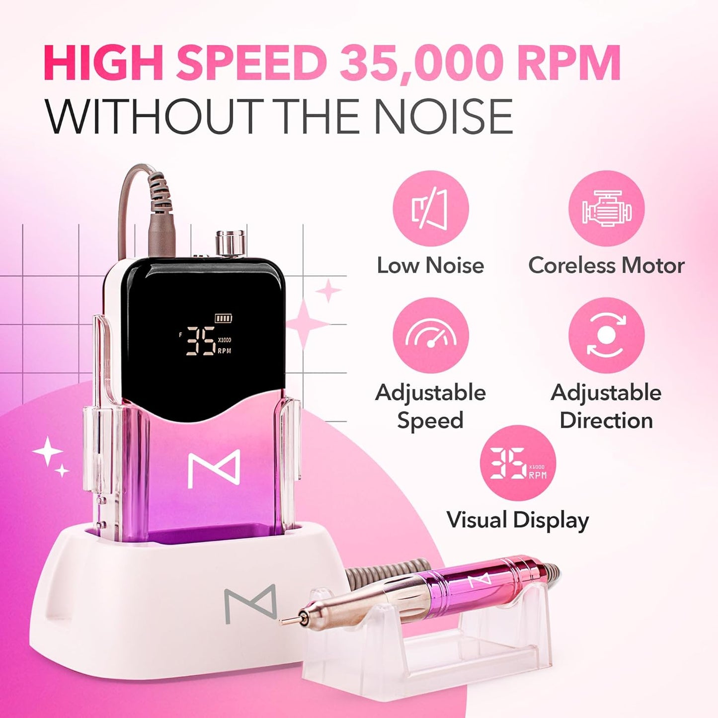 M Mase- Professional Nail Drill Machine - Coreless 2-in-1 Nail File - Electric, Cordless, 35000 RPM, HD Display - Electric Nail Drill for Professional & Home Use (Unicorn Purple)