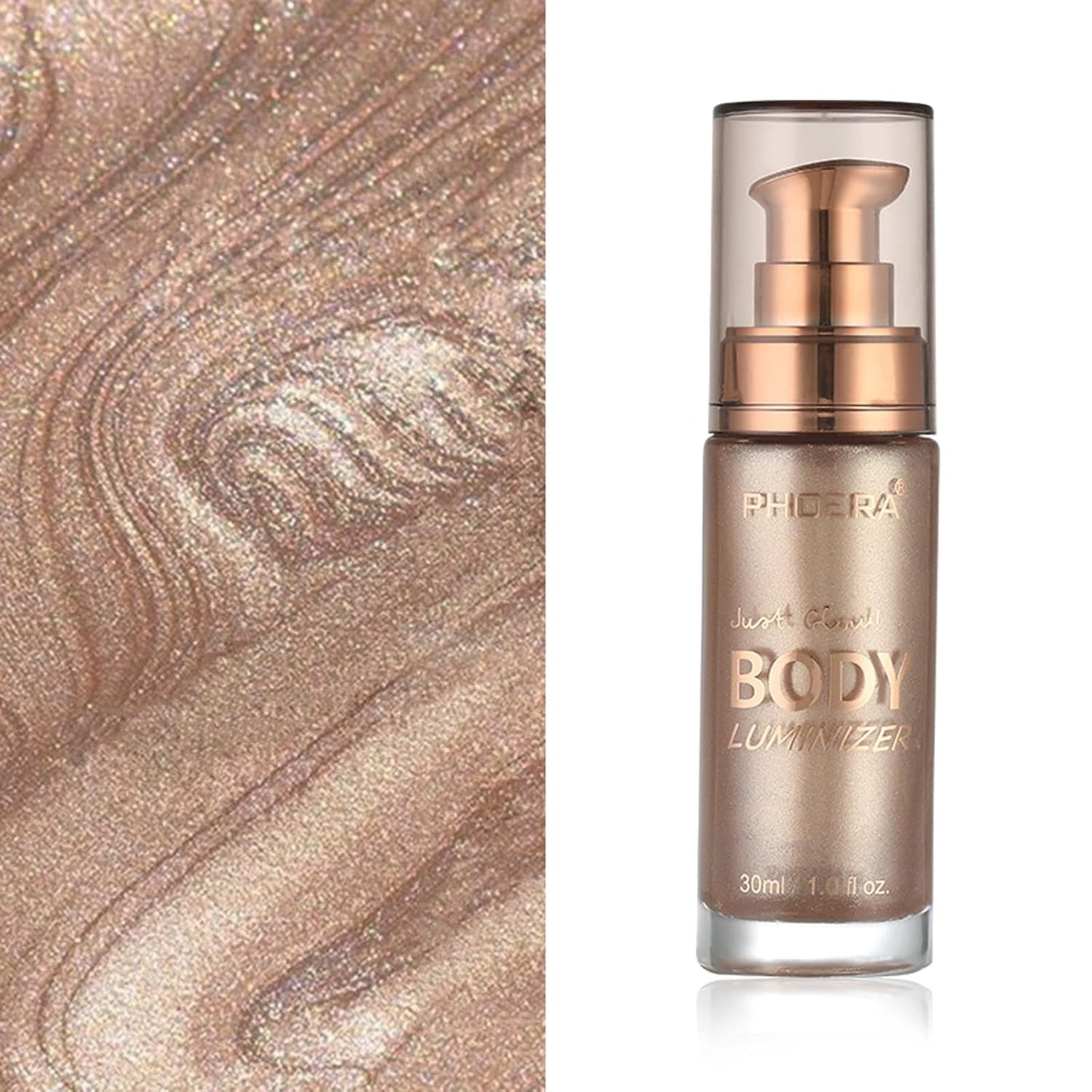 Body Shimmer Oil, Waterproof Long Lasting Moisturizing Bronze Body Luminizer Glow For Face & Body, Liquid Illuminator Body Highlighter 1oz/Jars, Makeup Brush Include (Rose Gold #01)