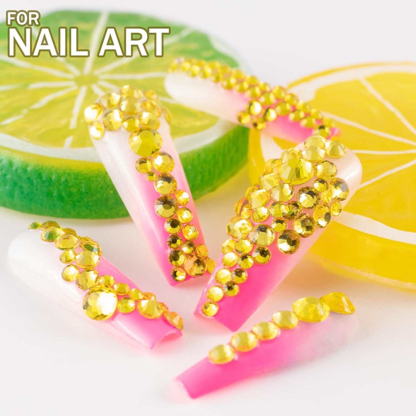 One Pack 2000 Pcs of Flatback Round Lemon Yellow Rhinestones 6 Sizes (1.5-6 mm) with Nail Art Rhinestone Picker Pencil and Tweezer for DIY and Salon Use