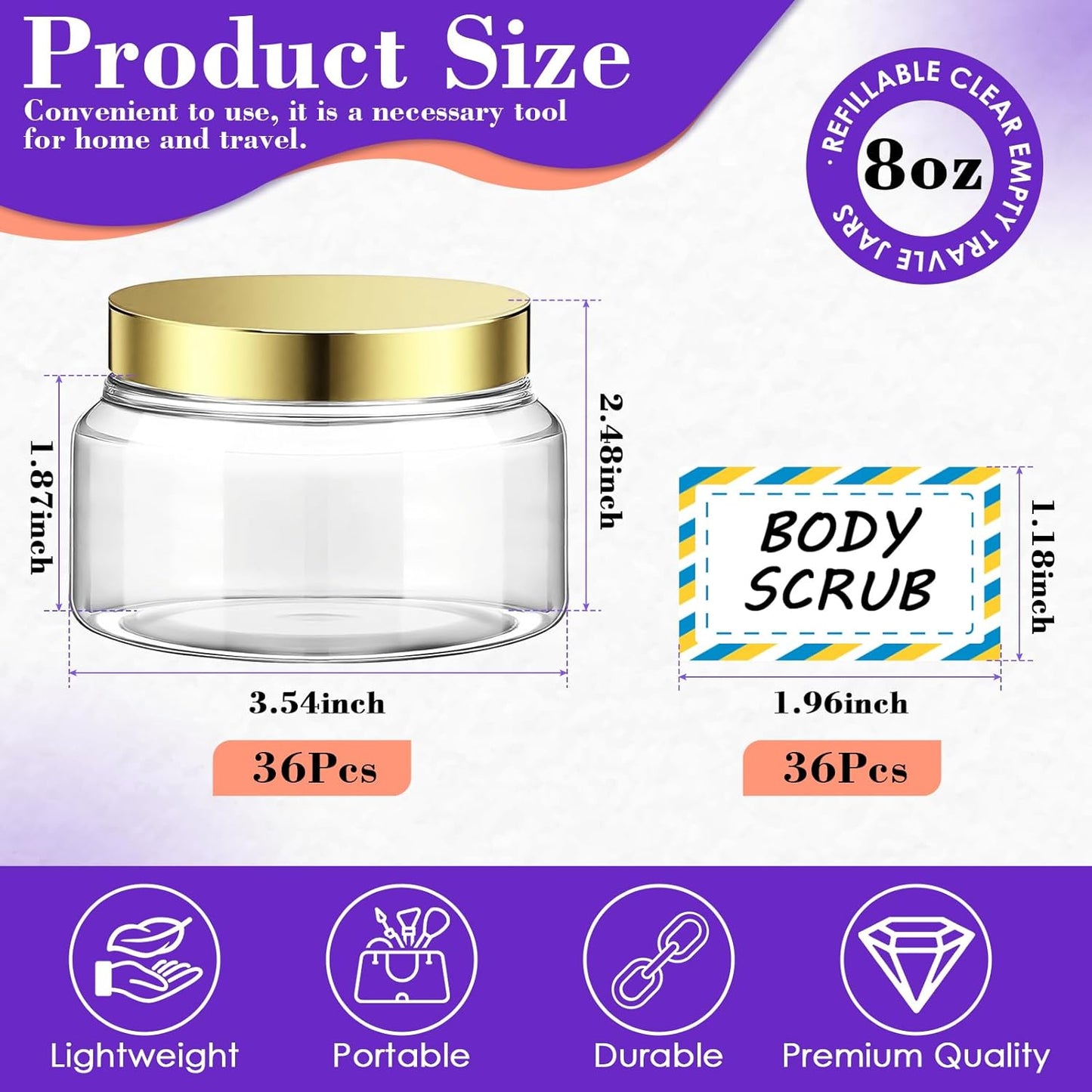 36 Pack 8 oz Plastic Cosmetic Containers With Lids Refillable Clear Empty Travle Jars Containers for Body Butter,Sugar Scrubs,Cream,Lotions,Candy, Waterproof Label&Spatulas - (Black Lid)