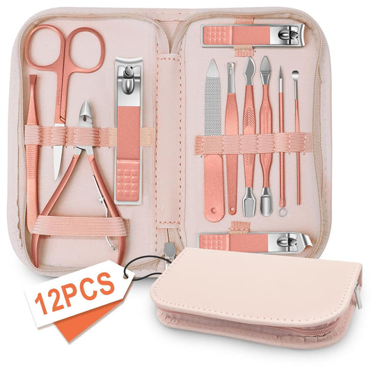 Manicure Set Nail Clipper Set Men Women 12 in 1 Nail Care Kit with Portable Case Travel Manicure Pedicure Tools Grooming Kit Beauty Salon(Rose Gold) | alldaygood beauty