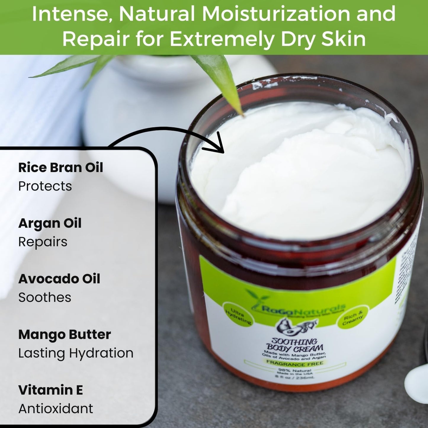 RaGaNaturals Mango Butter Moisturizing Hand & Body Cream for Dry to Very Dry, Sensitive Skin - Natural Vitamin E Face Cream - Non-Comedogenic, Unscented Lotion for Dry Skin for Women, Men, Baby - 8 Oz