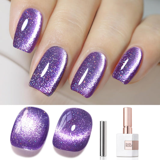 Double Rhythm Cat Eye Gel Polish with Magnet 15ML Jelly Glass Holographic Glitter Shimmer Translucent Sheer Color Magnetic Gel Polish Salon DIY at Home (Dark Purple-MC1066) | alldaygood beauty