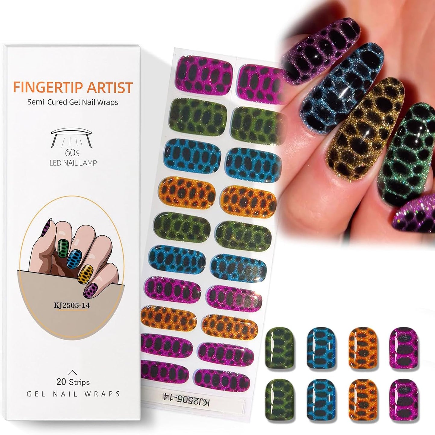 Semi Cured Gel Nail Strips with Leopard Designs Colorful Glitter Nail strips Fall Wraps Salon Quality & Easy to Use 20 Pcs for Women