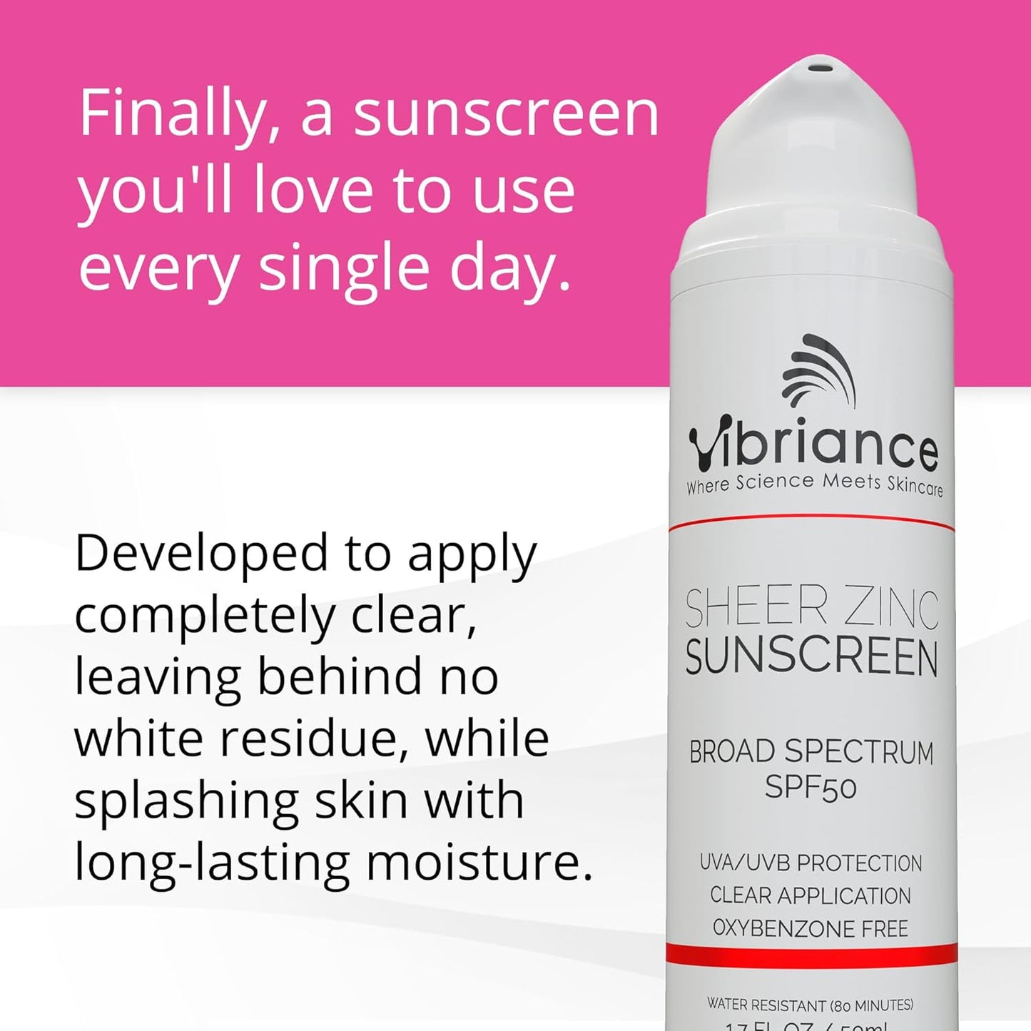 Vibriance Sheer Zinc Sunscreen - Tinted Sunscreen for Face SPF 50, Lightweight Facial Moisturizer with Niacinamide, Hyaluronic Acid - 1.7 fl oz