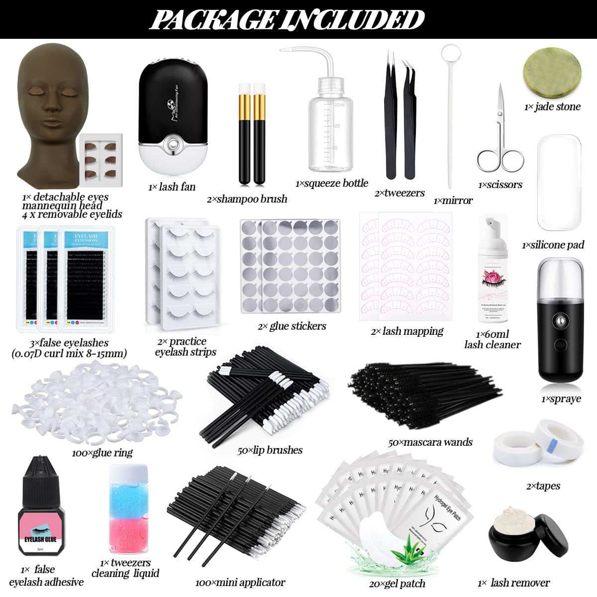 Lash Extension Kit Eyelash Practice for Beginners Professional Set with Mannequin Head Removable Eyelids USB Fan Spraye Individual False Lash Eyelash Strips Shampoo Brush Supplies