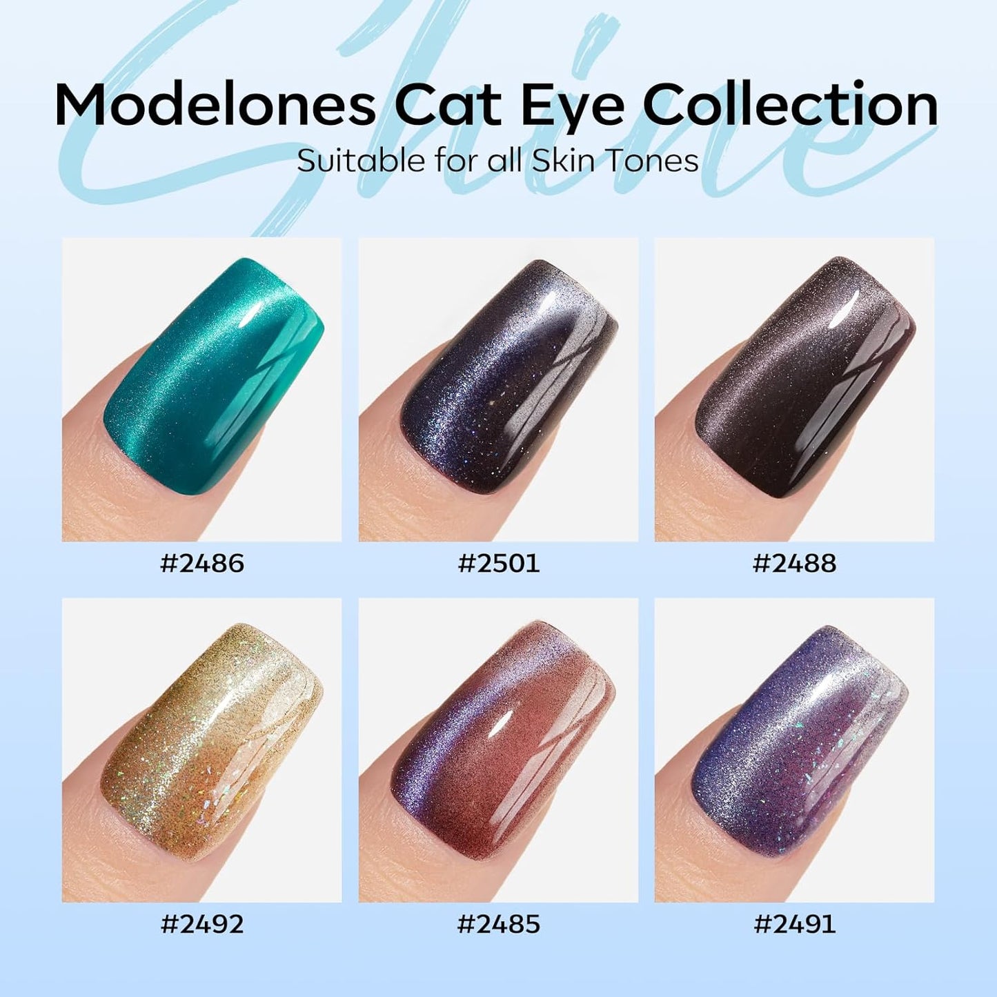 modelones Cat Eye Gel Nail Polish Set, 6 Colors Fall Winter Holographic 9D Glassy Cat Eye Glitter Gel Polish Set Black Blue Purple Green Nail Polish Kit with Magnet Soak Off LED Nail Art DIY Gift
