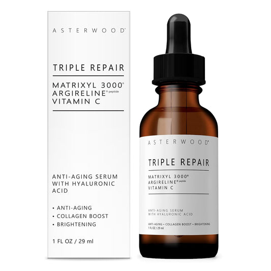 Asterwood Triple Repair Matrixyl 3000 + Argireline + Hyaluronic Acid + Vitamin C Serum for Face - Anti-Aging, Collagen Boosting, Hydrating - Fragrance-Free - 1 Fl Oz | alldaygood beauty
