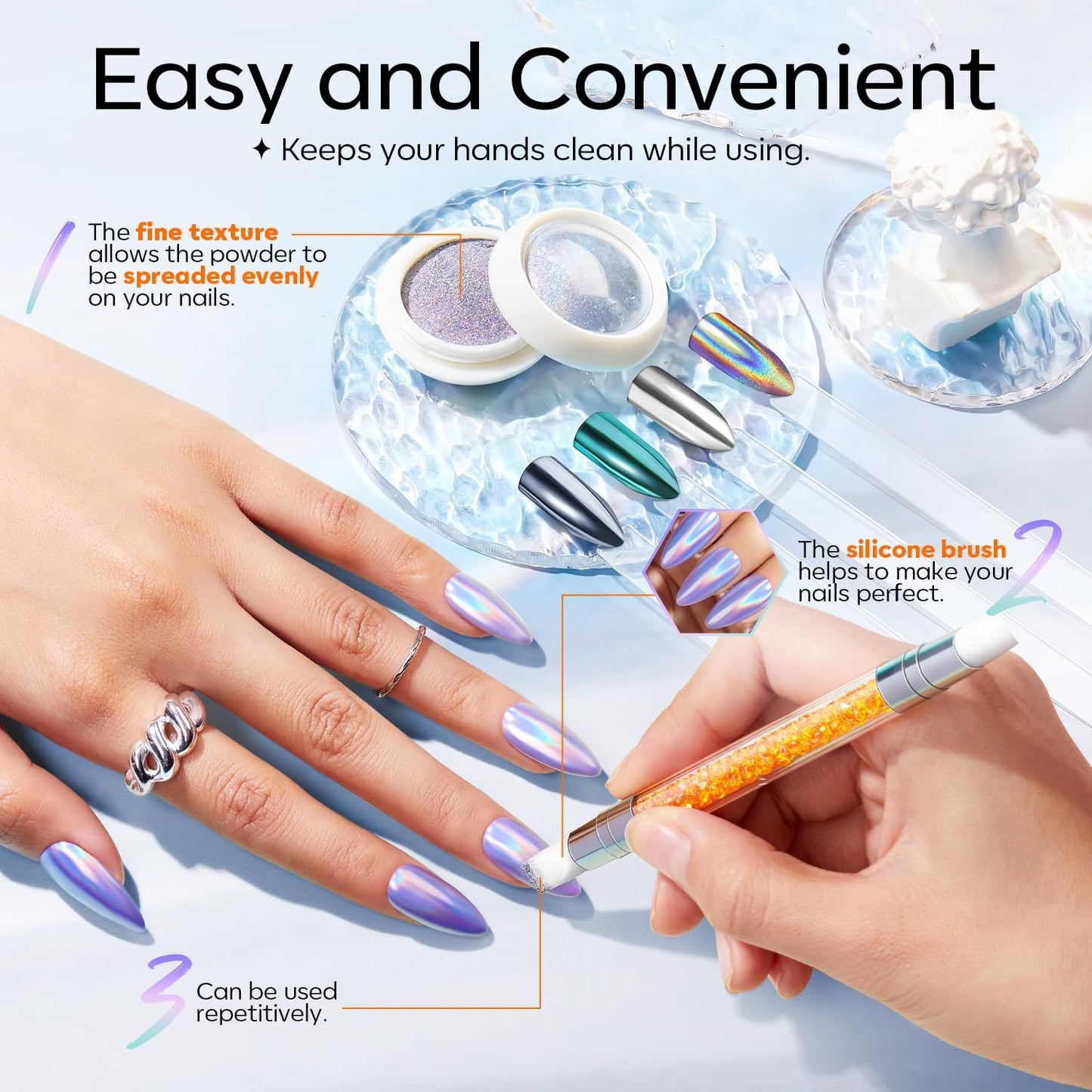 modelones Chrome Nail Powder 4 pcs, White Pearl Nail Chrome Powder, Iridescent Aurora Glitter Mermaid Silver Metallic Mirror Holographic Effect Pearlescent Pigment Dust Kit Resin Craft