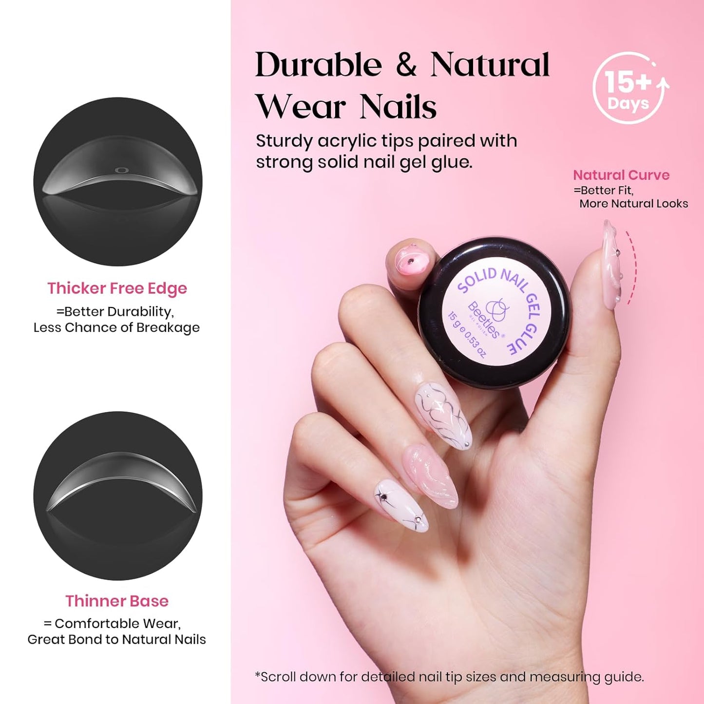 Beetles Gel Nail Kit, 300Pcs Almond Medium Nail Tips with Solid Nail Gel Glue,15 Sizes Soft Clear Nail Tips with Base Coat, Handheld Nail Lamp, Easy Nail Extension Set DIY Manicure Art Gift for Girls