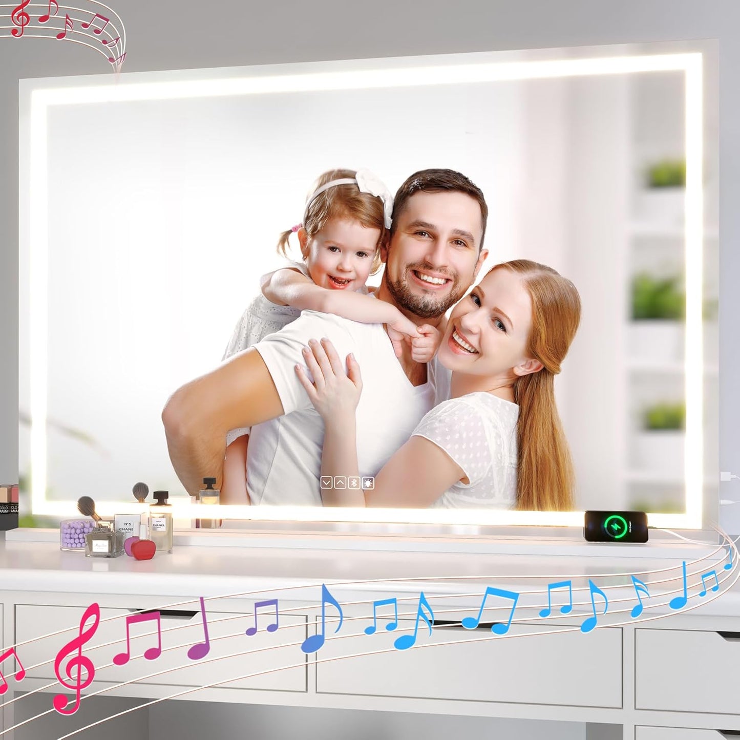 Hasipu Vanity Mirror with Lights and Bluetooth Speaker, 55" x 35.8" LED Makeup Mirror, Lighted Makeup Mirror with Dimmable 3 Modes, Touch Screen Control Vanity Mirror Square White