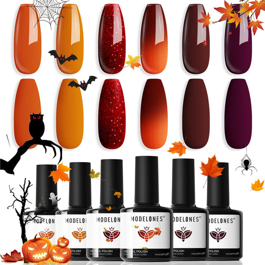Modelones Fall Gel Nail Polish Set, 6 Colors 2025 Maple Burnt Orange Brown Maroon Burgundy Red Glitter Gel Polish Cherry Mocha Turkey Pumpkin Color Changing Nail Polish Halloween Manicure LED DIY Gift | alldaygood beauty