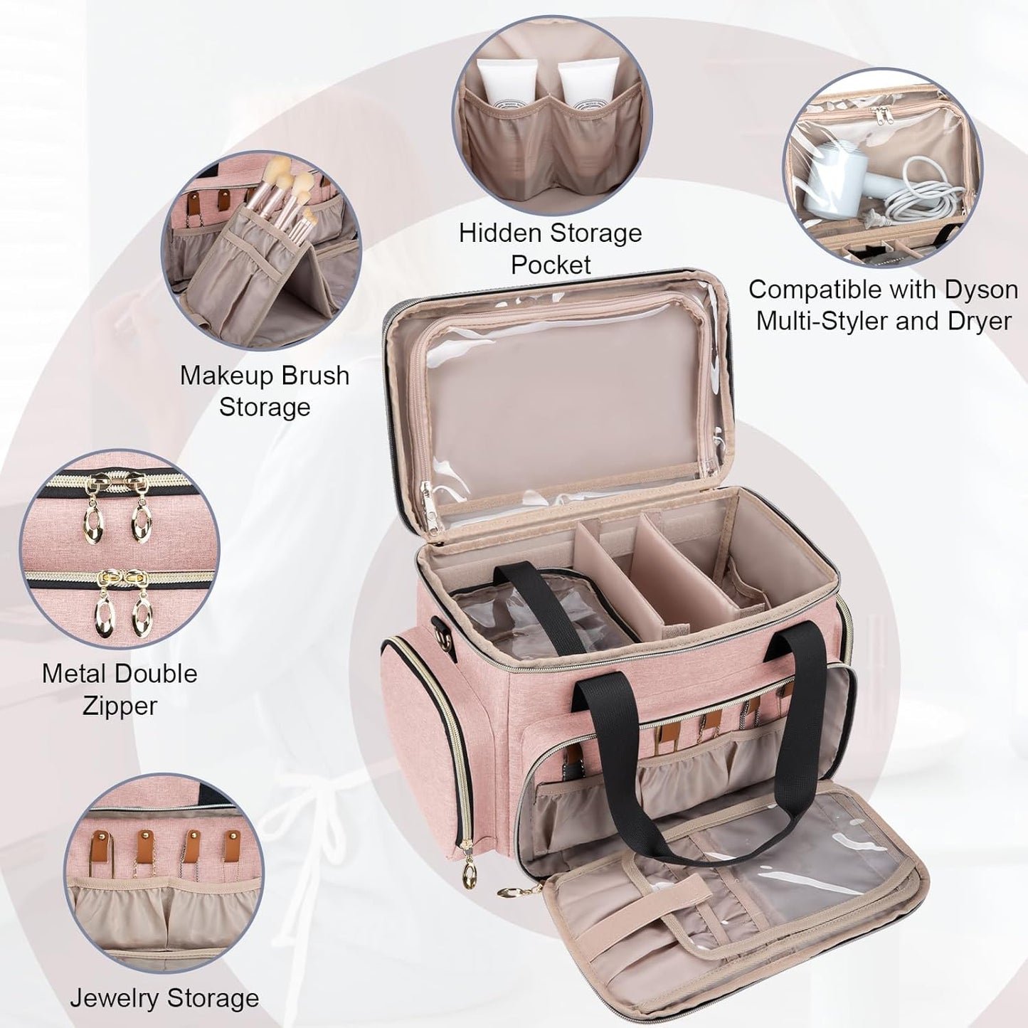 Large Makeup Bag, Portable Travel Makeup Bag Organizer for Women Girls with 2 Removable Pouches & Detachable Dividers, Cosmetic Travel Bag, Toiletry Bag for Makeup and Hair Supplies Pink