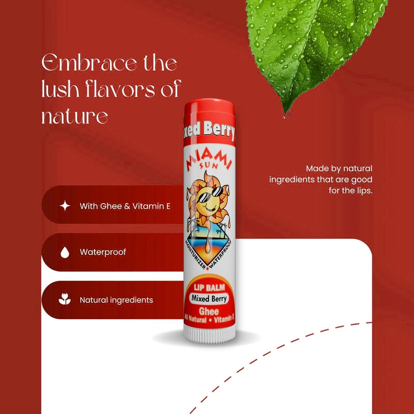 Miami Sun Natural Ghee Lip Balm, Hydrating Lip Treatment with Shea Butter & Beeswax, Organic & Non-Toxic, Best for Dry, Chapped Lips - Moisturizing, Healing, Chemical-Free Care (4 Count, Mixed Berry)