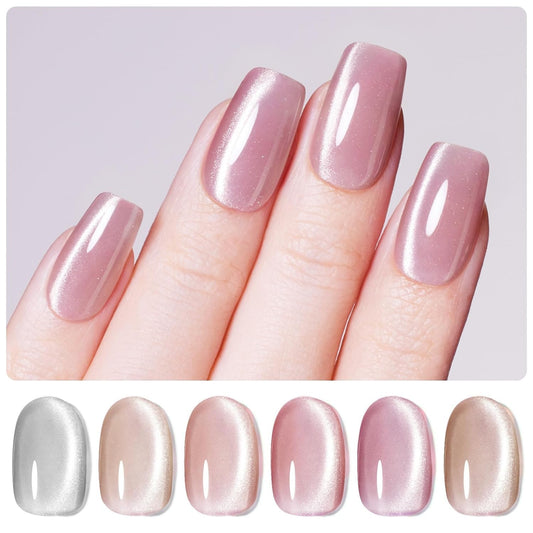 Beetles Cat Eye Gel Nail Polish Set - Nude Reflection Wedding Cat Eye Gel Polish Set, 6 Colors Silver Nude Pink Brown Neutral Mirror Shine Finish with Magnet Soak Off UV Manicure Salon Gift for Women | alldaygood beauty