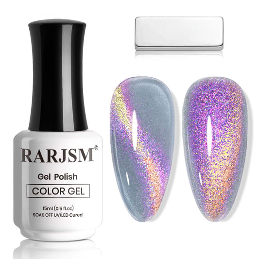 RARJSM Gray Blue Aurora Cat Eye Gel Nail Polish Multichrome Purple Orange Color Glitter Candy Glass Diamond Cat Eye Gel Polish with Magnet Stick Soak off UV LED Curing Requires Home Salon Diy Nail Art | alldaygood beauty