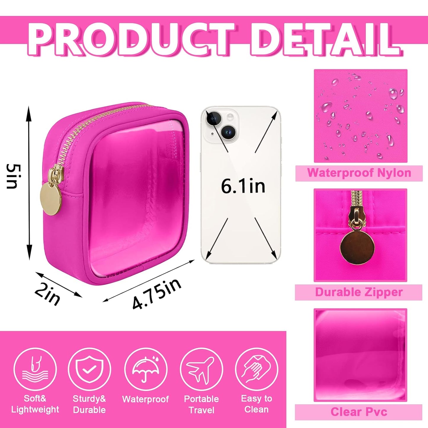 Clear Mini Makeup Bag, Small Nylon&PVC Cosmetic Travel Bag TSA Approved Toiletry Bag with Zipper, Preppy Transparent Coin Purse for Women Men Girls(Mini-Hot Pink)