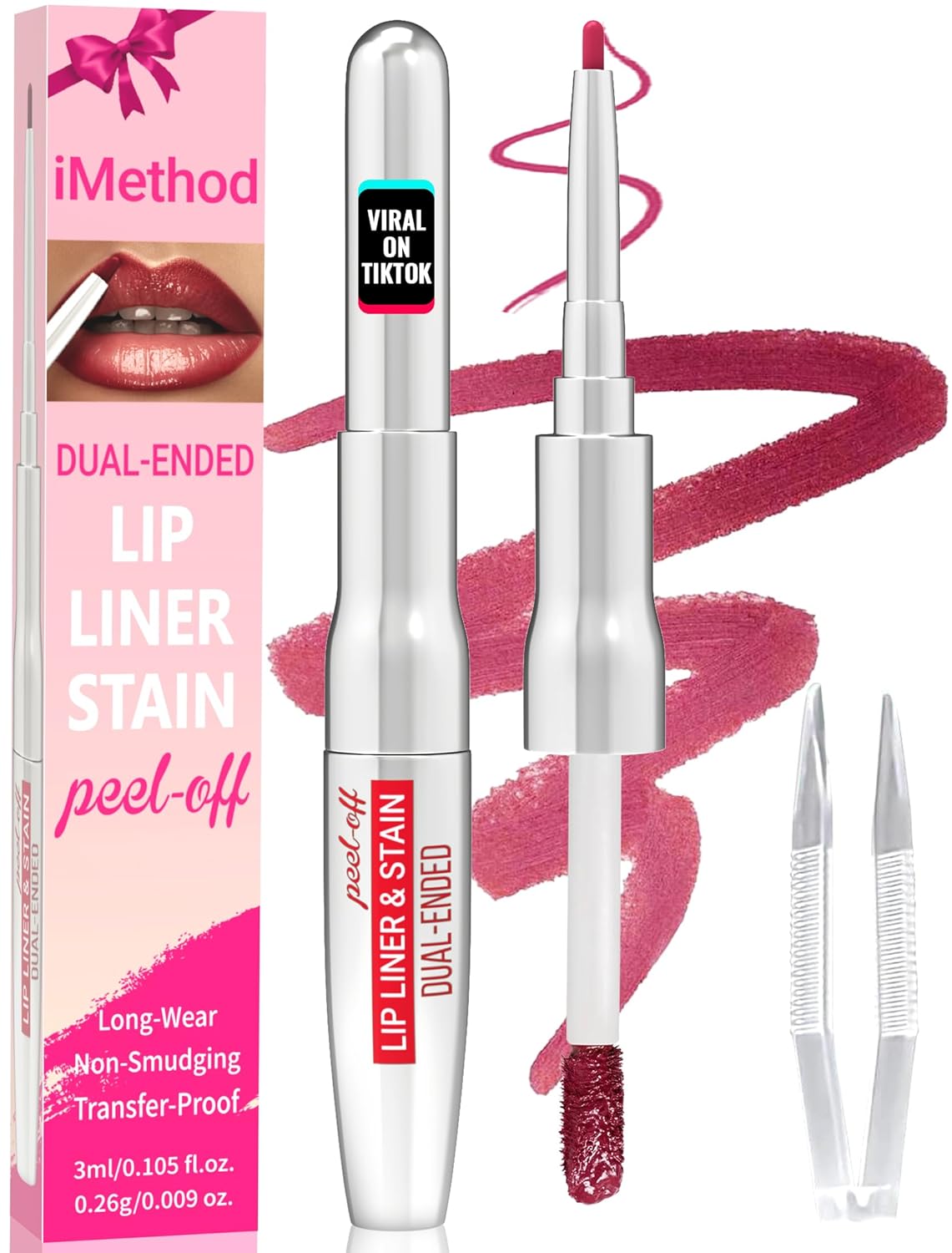 iMethod Lip Liner Stain - Lip Stain, 2-In-1 Dual-Ended Peel Off Lip Stain with Tweezer, Natural Long Lasting Peel Off Lip Liner, Easy to Use for All Skin Types, Stay All Day, Mauve